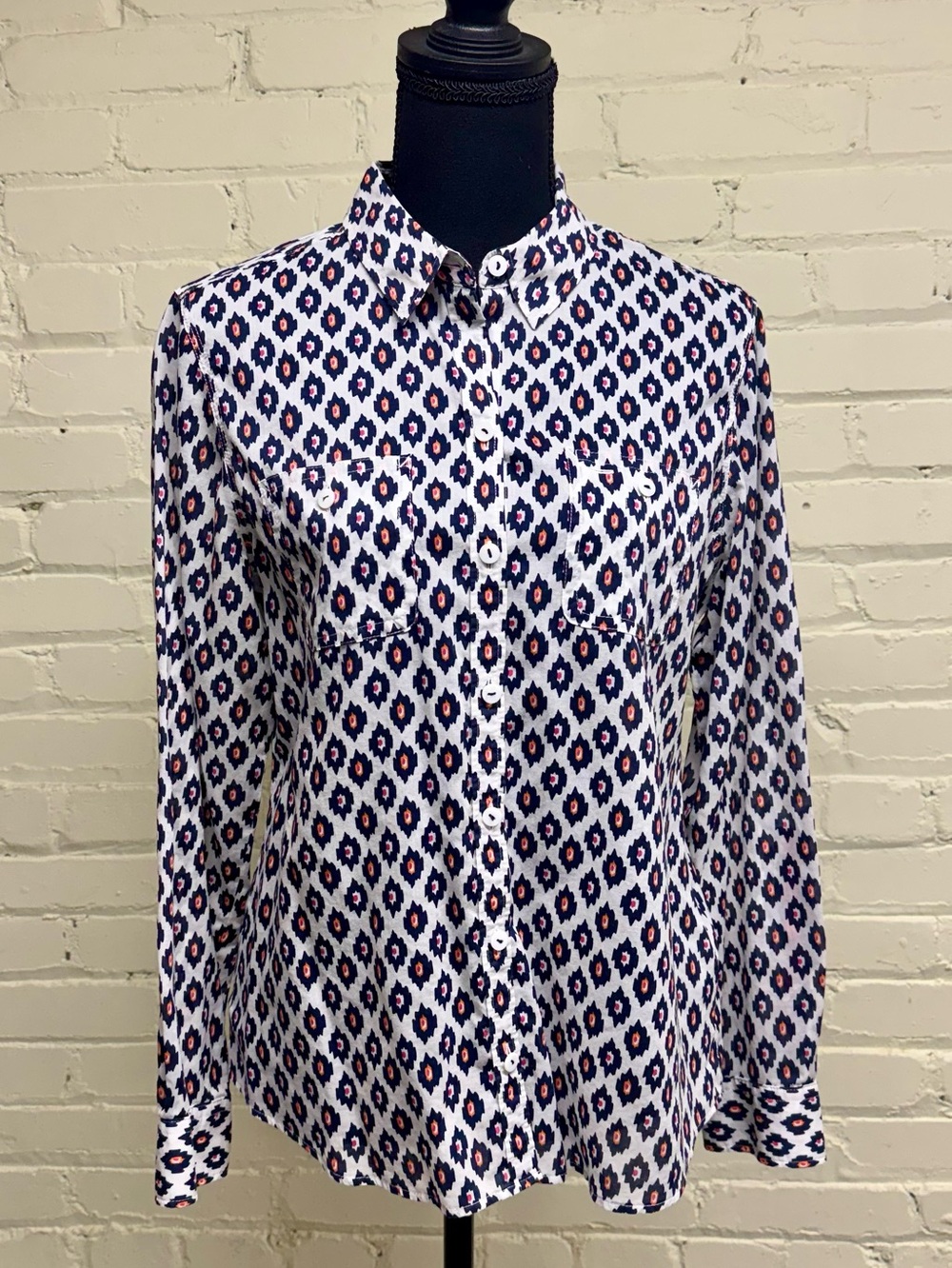 Women's Foxcroft White Blouse with Navy, Pink, Orange Geometric Print, Size: 10P